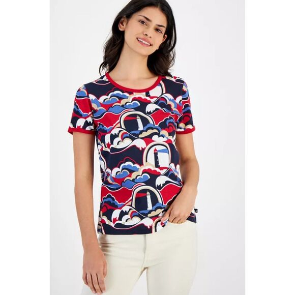 NAUTICA Multicolored Lighthouse Print Sz Large Cotton Blend Tee Shirt NEW NWOT - Picture 1 of 5